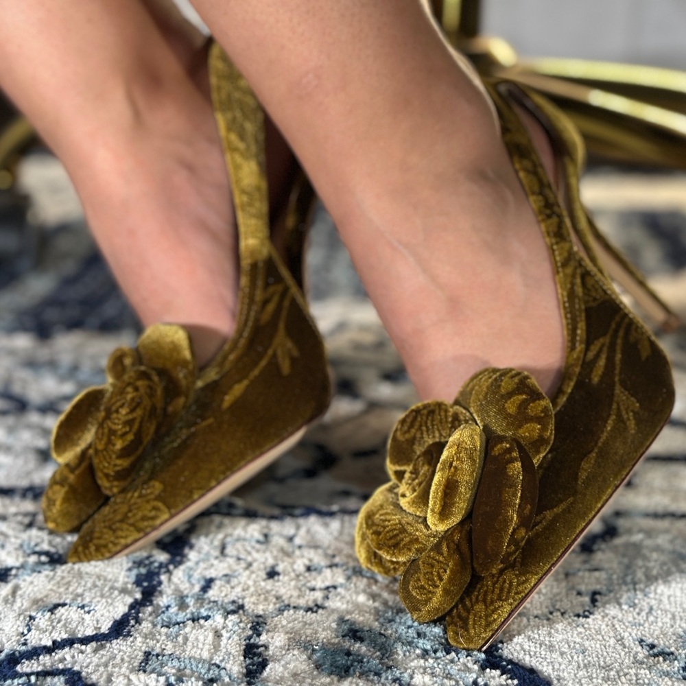 ANTONIO MELANI Olive Velvet Floral Heels